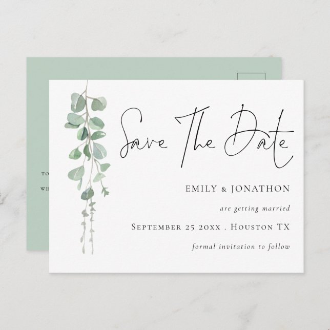 Elegant Eucalyptus QR Code Script Save The Date Postcard (Front/Back)
