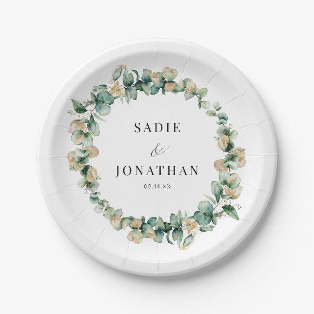 Elegant Eucalyptus Rustic Gold Botanical Wedding Paper Plate (Front)