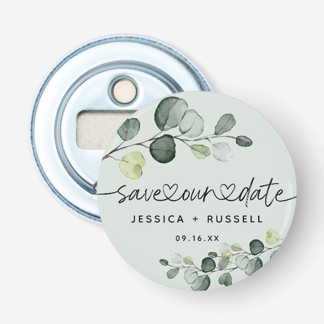 Elegant Eucalyptus Save Our Date Wedding Bottle Opener (Front)