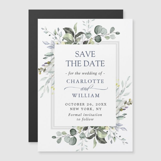 Elegant Eucalyptus Save the Date Magnetic Card (Front/Back)