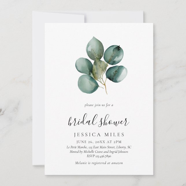 Elegant Eucalyptus Script Bridal Shower Invitation (Front)