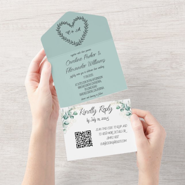 Elegant Eucalyptus Script Modern RSVP QR Code  All All In One Invitation (Tearaway)