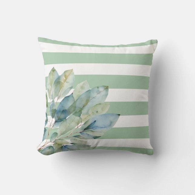 Elegant eucalyptus soft sage green white strips cushion (Front)