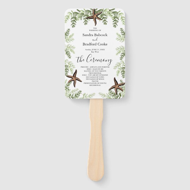 Elegant Eucalyptus Starfish Wedding Program Hand Fan (Front)