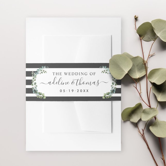 Elegant Eucalyptus Stripes Wedding Monogram Invitation Belly Band (Creator Uploaded)