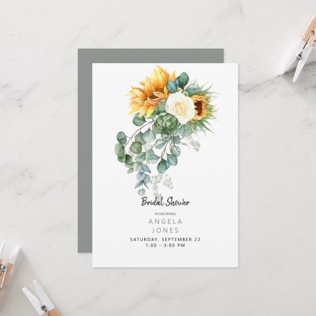 Elegant Eucalyptus Sunflower Bridal Shower Invitation (Front/Back In Situ)