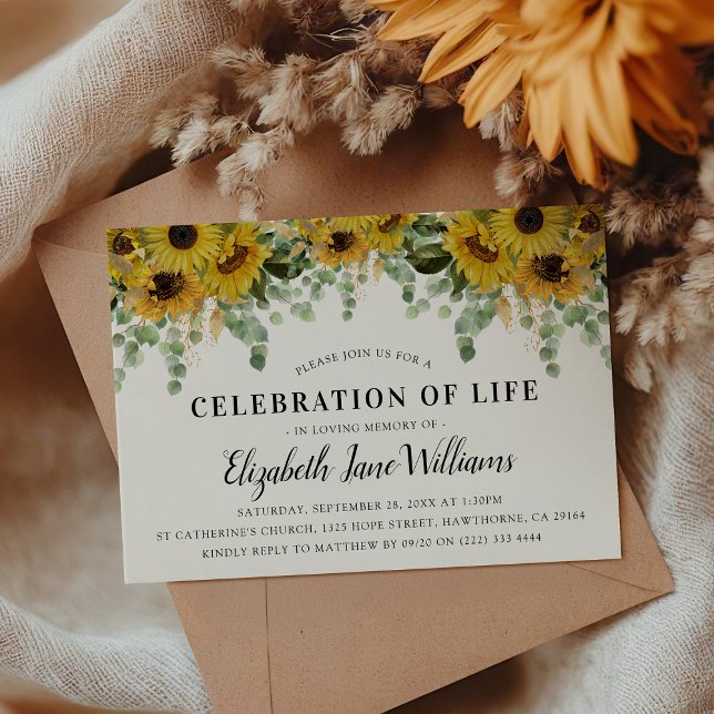 Elegant Eucalyptus & Sunflower Celebration of Life Invitation (Creator Uploaded)