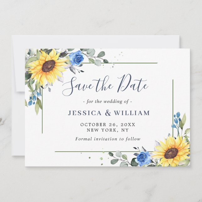 Elegant Eucalyptus Sunflower Floral Wedding Save The Date (Front)