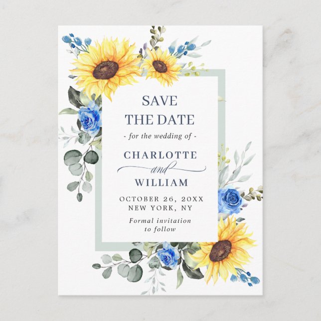 Elegant Eucalyptus Sunflower Wedding Save the Date Announcement Postcard (Front)
