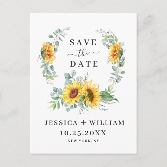 Elegant Eucalyptus Sunflower Wedding Save the Date Postcard (Front)