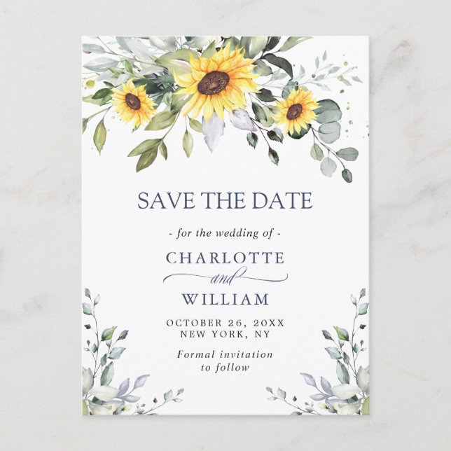 Elegant Eucalyptus Sunflower Wedding Save the Date Postcard (Front)