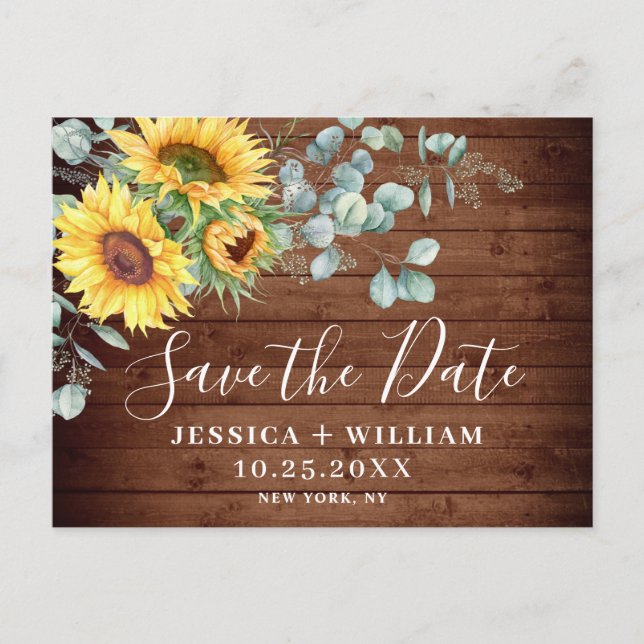 Elegant Eucalyptus Sunflower Wedding Save the Date Postcard (Front)