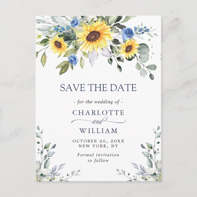 Elegant Eucalyptus Sunflower Wedding Save the Date Postcard (Front)
