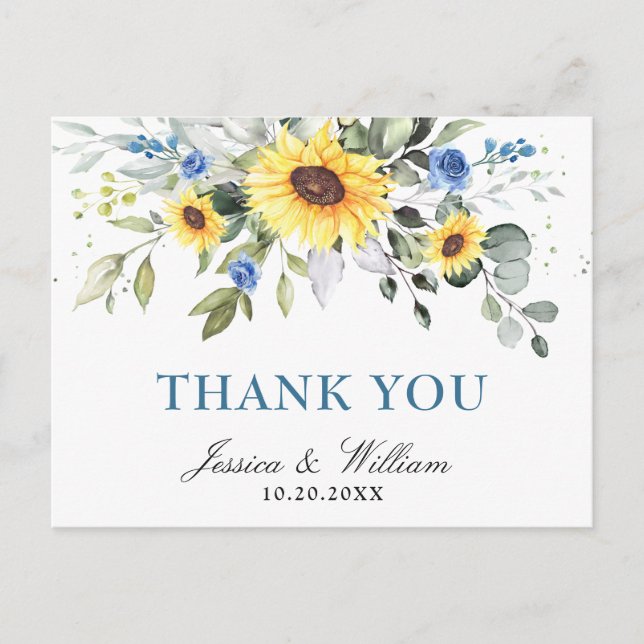 Elegant Eucalyptus Sunflowers Floral Thank You Postcard (Front)