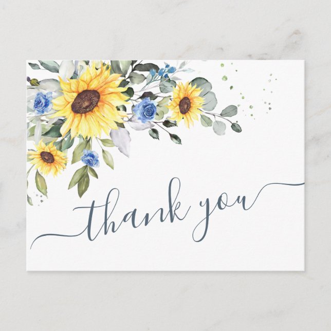 Elegant Eucalyptus Sunflowers Floral Thank You Postcard (Front)