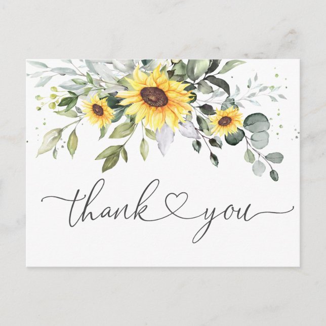 Elegant Eucalyptus Sunflowers Floral Thank You Postcard (Front)