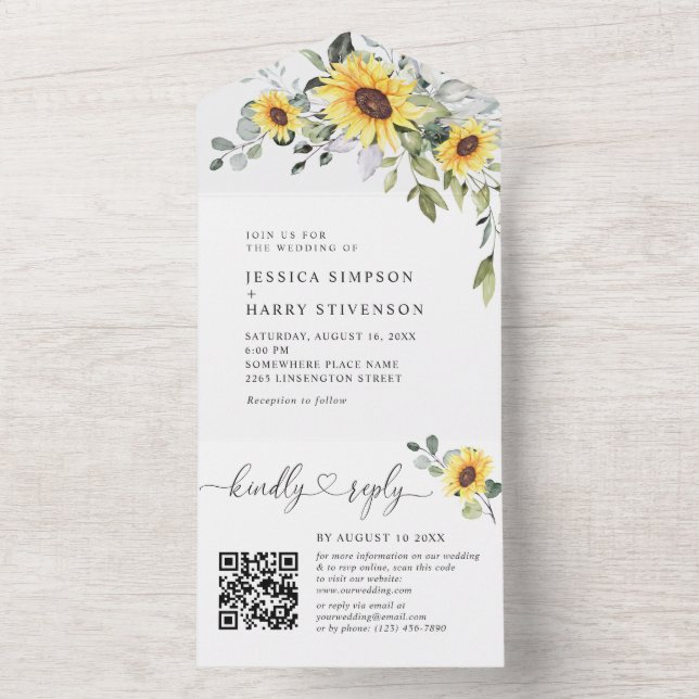 Elegant Eucalyptus Sunflowers Wedding QR code All In One Invitation (Inside)
