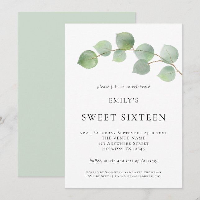 Elegant Eucalyptus Sweet Sixteen Birthday Invitation (Front/Back)