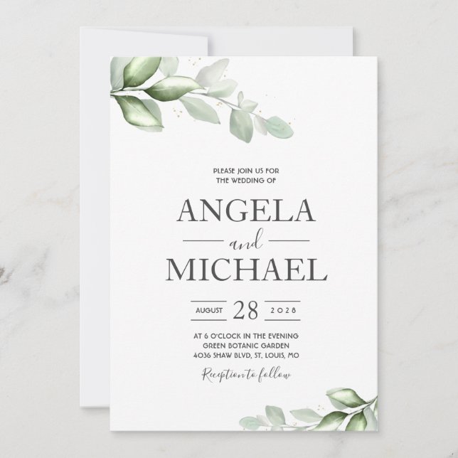 Elegant eucalyptus Watercolor Boho Leaf Invitation (Front)