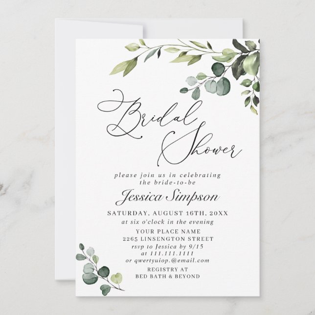 Elegant Eucalyptus Watercolor Bridal Shower Invitation (Front)