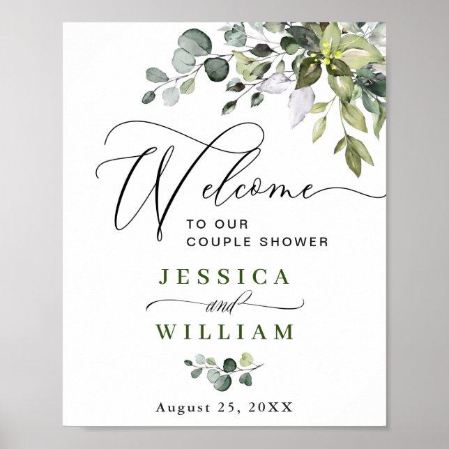 Elegant Eucalyptus Watercolor Couple Shower Poster (Front)