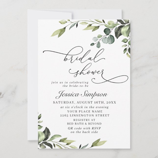 Elegant Eucalyptus Watercolor Floral Bridal Shower Invitation (Front)