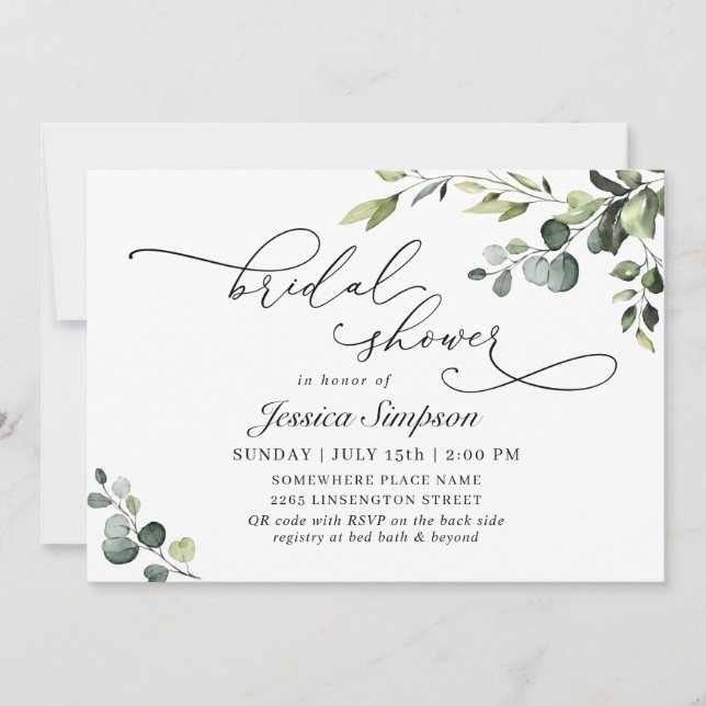 Elegant Eucalyptus Watercolor Floral Bridal Shower Invitation (Front)