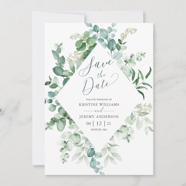 Elegant Eucalyptus Watercolor Greenery Wedding Save The Date (Front)