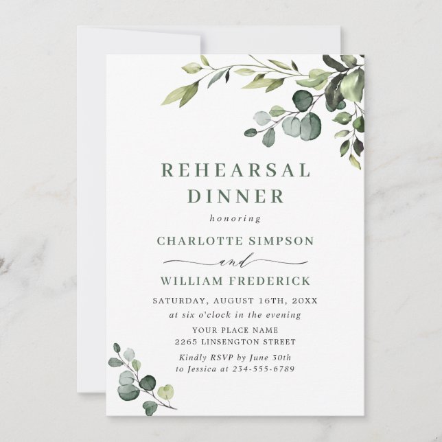 Elegant Eucalyptus Watercolor REHEARSAL DINNER Invitation (Front)