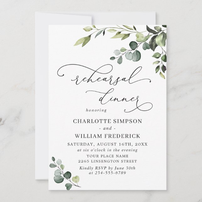 Elegant Eucalyptus Watercolor REHEARSAL DINNER Invitation (Front)