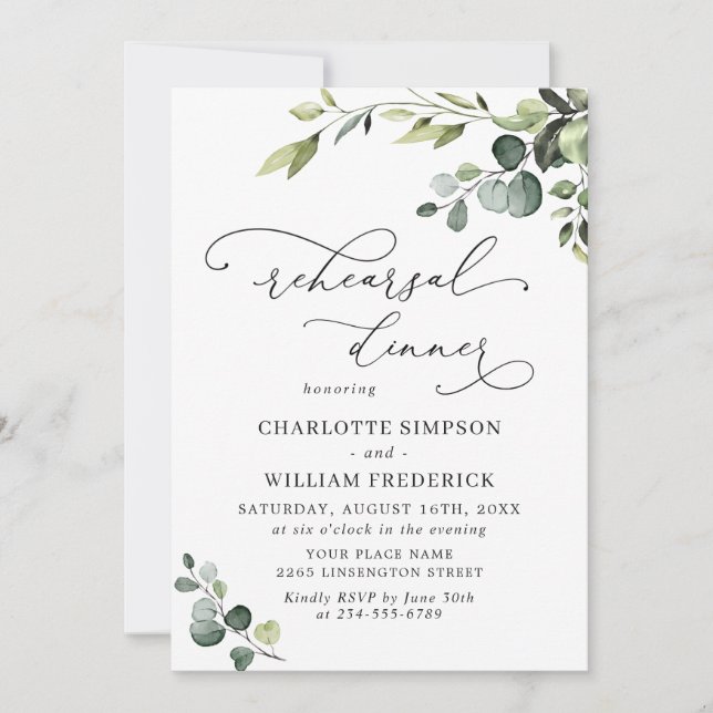 Elegant Eucalyptus Watercolor REHEARSAL DINNER Invitation (Front)