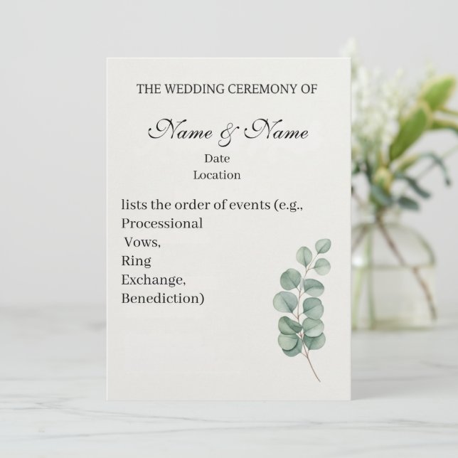 Elegant Eucalyptus Watercolor Wedding Program (Standing Front)