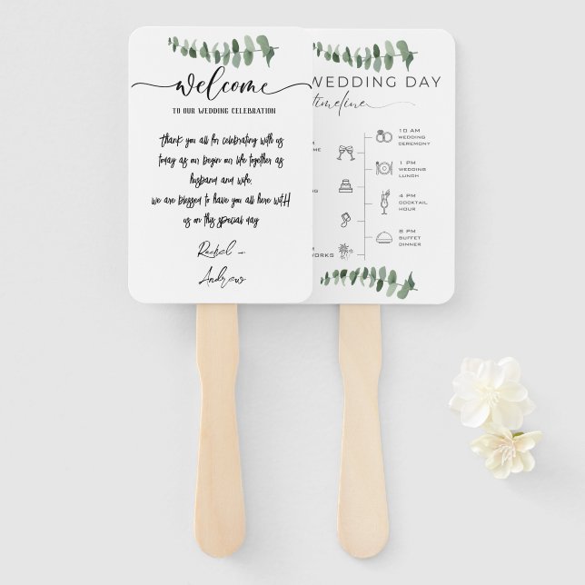 Elegant Eucalyptus  Watercolor Wedding Program Hand Fan (Front and Back)