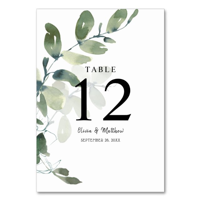 Elegant Eucalyptus Watercolor Wedding Table Number (Front)