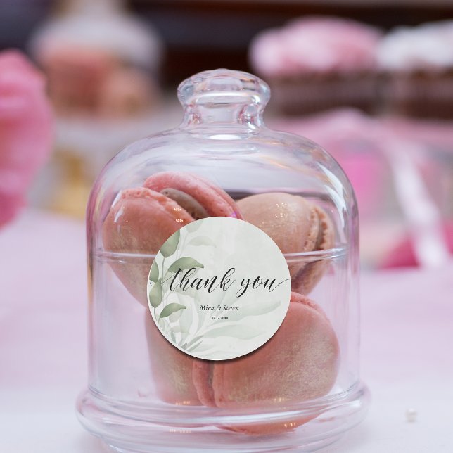Elegant Eucalyptus watercolor wedding Thank you  Classic Round Sticker (Creator Uploaded)