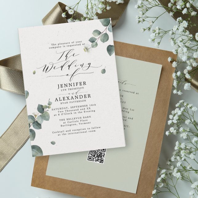 Elegant Eucalyptus Wedding All in One RSVP QR Code Invitation (Creator Uploaded)