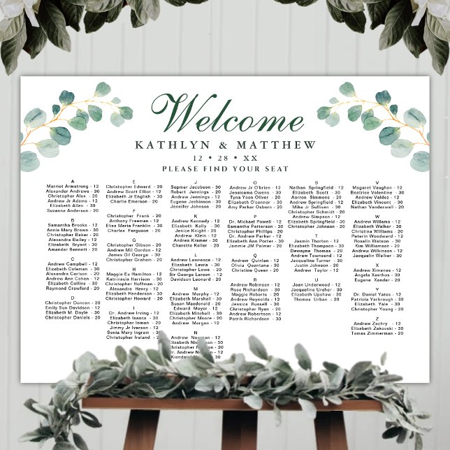 Elegant Eucalyptus Wedding Alphabetical Seating Poster (Creator Uploaded)