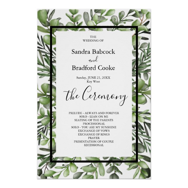 Elegant Eucalyptus Wedding Ceremony Program  Hand  Poster (Front)