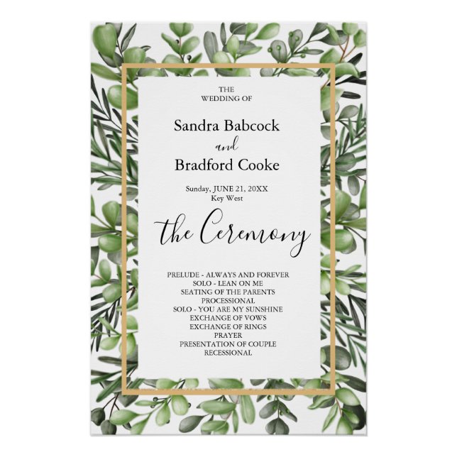 Elegant Eucalyptus Wedding Ceremony Program  Hand  Poster (Front)