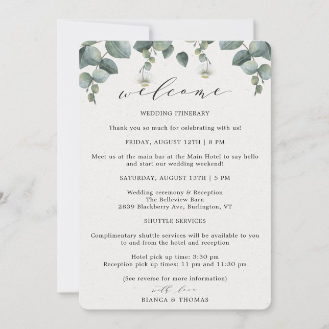 Elegant Eucalyptus Wedding Day Itinerary Announcement (Front)