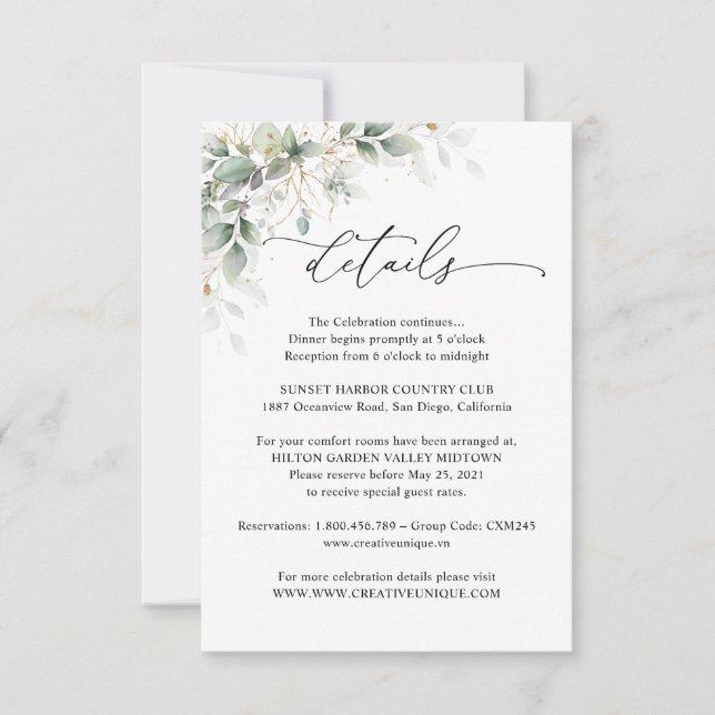 Elegant Eucalyptus Wedding Details Card (Front)
