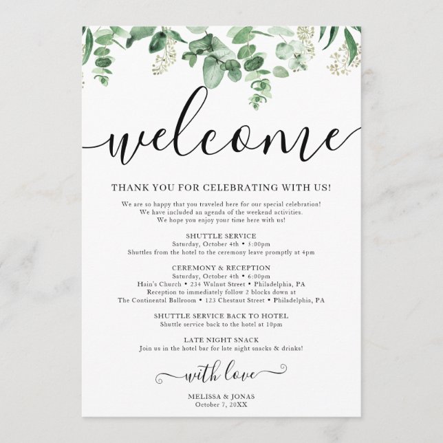 Elegant Eucalyptus Wedding Itinerary Program (Front)