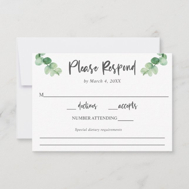Elegant Eucalyptus wedding RSVP Diet requirements (Front)