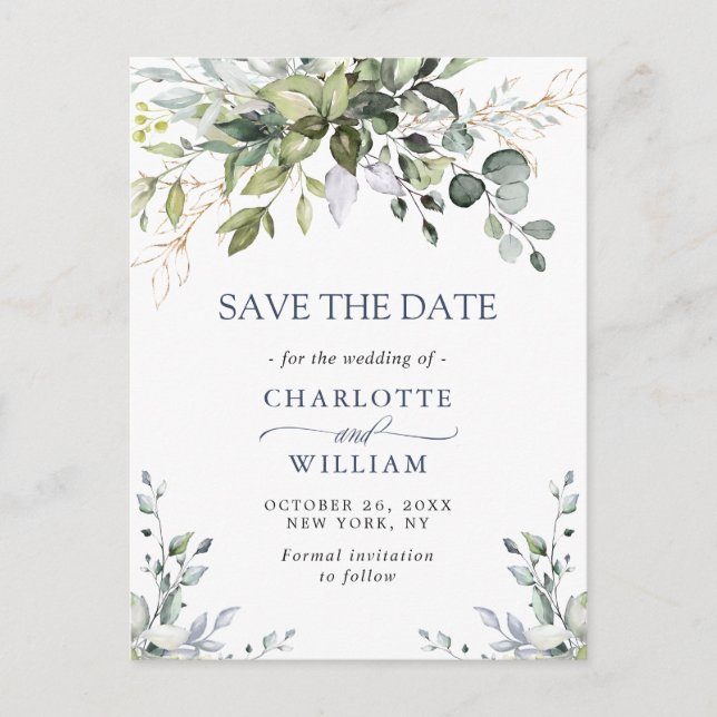 Elegant Eucalyptus Wedding Save the Date QR code Postcard (Front)