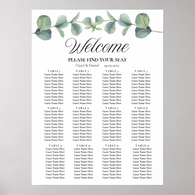 Elegant Eucalyptus Wedding Seating Chart Sign (Front)