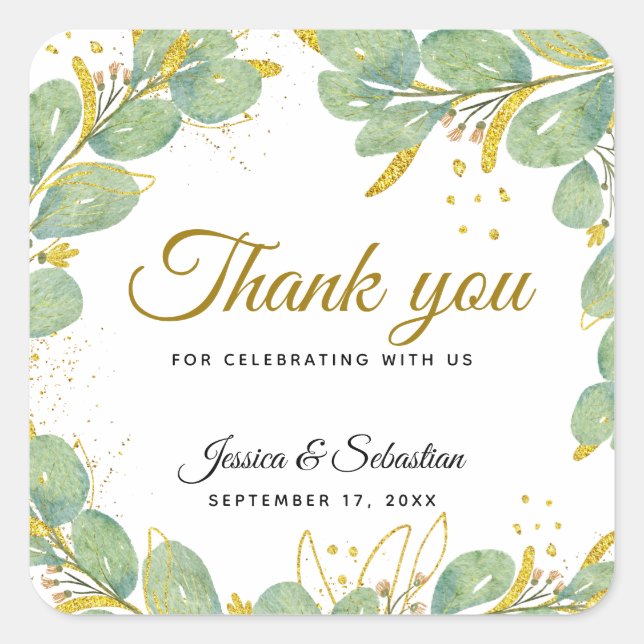 Elegant Eucalyptus Wedding Thank You Favours Square Sticker (Front)