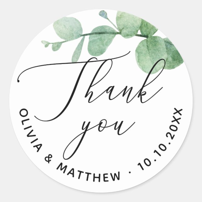 Elegant Eucalyptus Wedding Thank You | Greenery Classic Round Sticker (Front)