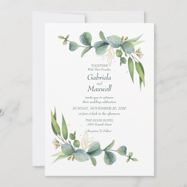 Elegant Eucalyptus White and Greenery Wedding Invitation (Front)