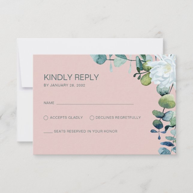 Elegant eucalyptus  white flowers chic wedding RSVP card (Front)