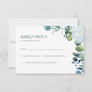 Elegant eucalyptus white flowers chic wedding RSVP card
